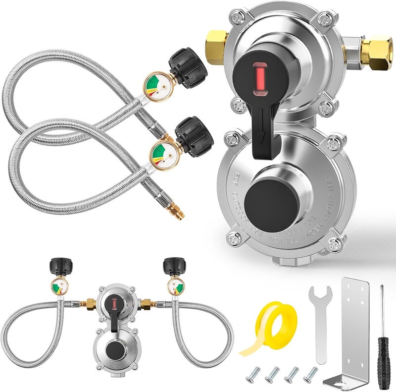 Devvicoo Store 2-Stage Auto Changeover LP Propane Regulator with Gauge, 18-inch Stainless Steel Braided QCC1 Hose, 3/8" NPT Female Outer, for RV Trailers Campers - Image 1